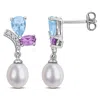 Mimi & Max 6.5mm Cultured Freshwater Pearl 1 3/5ct Tgw Sky Blue & White Topaz Rose De France Earrings Sterling  In Multi