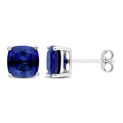 Mimi & Max 6ct Tgw 8mm Cushion Created Blue Sapphire Stud Earrings In Sterling Silver