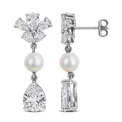 Mimi & Max 6mm Cultured Freshwater Pearl 8 7/8ct Tgw Created White Sapphire Earrings Sterling Silver In Metallic