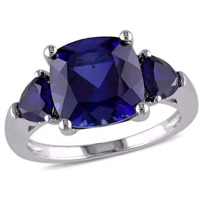 Mimi & Max 7 1/10ct Tgw Cushion Cut Created Blue Sapphire 3-stone Ring In Sterling Silver