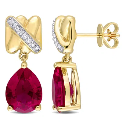 Mimi & Max 7 1/2ct Tgw Pear-cut Created Ruby 1/10ct Tdw Diamond Crossover Earrings 14k White Gold
