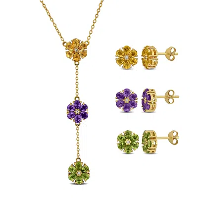 Mimi & Max 7 3/4 Amethyst Citrine Peridot White Topaz Three Pairs Earrings And Necklace Yellow Silver In Multi