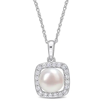 Mimi & Max 7-7.5mm Cultured Freshwater Pearl And 1/5ct Tgw Created White Sapphire Halo Necklace In 10k White Go