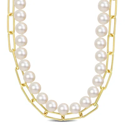 Mimi & Max 7-7.5 Mm Cultured Freshwater Pearl And 5 Mm Link Chain Layered Necklace In 18k Gold Plated Sterling  In White