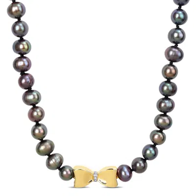Mimi & Max 7-7.5mm Black Freshwater Pearl & Diamond Accent Bow Necklace 10k Yellow Gold - 20 In.