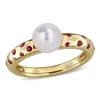 Mimi & Max 7-7.5mm Cultured Freshwater Pearl And 1/3ct Tgw Created Ruby Ring In 14k Yellow Gold In Multi