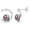Mimi & Max 7.5-8mm Black Cultured Freshwater Pearl White Topaz Open Wave Earrings Sterling Silver In Silver