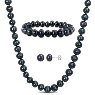 Mimi & Max 7.5-8mm Cultured Freshwater Black Pearl Necklace Bracelet And Earrings Set In Blue