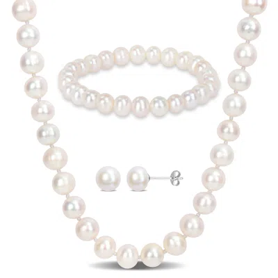 Mimi & Max 7.5-8mm Cultured Freshwater Pearl Set Of Necklace Earrings And Bracelet In White