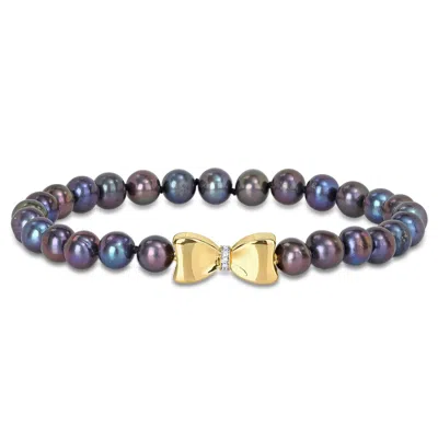 Mimi & Max 7-7.5 Mm Cultured Pearl Diamond Accent Bow Bracelet 10k Yellow Gold-9 In. In Blue