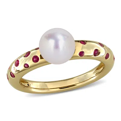 Mimi & Max 7-7.5mm Cultured Freshwater Pearl And 1/3ct Tgw Created Ruby Ring In 14k Yellow Gold In Red