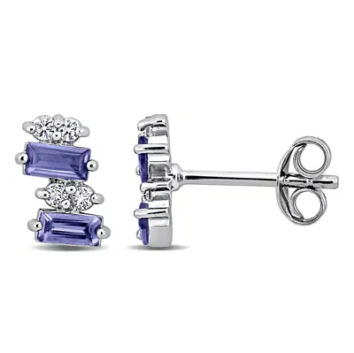 Mimi & Max 7/8 Ct Tgw Baguette Shaped Tanzanite And White Topaz Stud Earrings In Sterling Silver In Multi