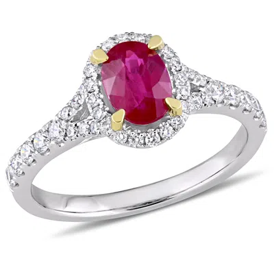 Mimi & Max 7/8ct Tgw Ruby 1/2ct Tw Diamond Halo Ring 14k White And Yellow Gold In Red