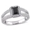 Mimi & Max 7/8ct Tw Black White Emerald Round-cut Diamond Halo Split Shank Ring 10k White Gold In Black