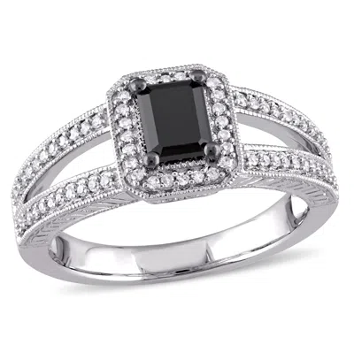 Mimi & Max 7/8ct Tw Black White Emerald Round-cut Diamond Halo Split Shank Ring 10k White Gold