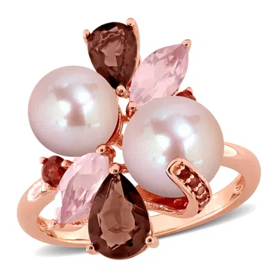 Mimi & Max 7mm Pink Cultured Freshwater Pearl Smokey Quartz Rose Quartz Garnet Ring Rose Silver