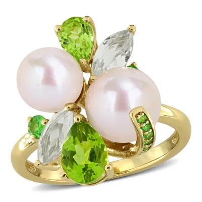 Mimi & Max 7mm Pink Cultured Freshwater Pearl Smokey Quartz Rose Quartz Garnet Ring Rose Silver In Gold