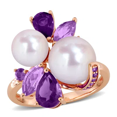 Mimi & Max 7mm Pink Cultured Freshwater Pearl Smokey Quartz Rose Quartz Garnet Ring Rose Silver In Gold