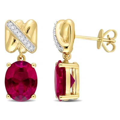 Mimi & Max 8 1/3ct Tgw Oval-cut Created Ruby 1/10ct Tdw Diamond Crossover Earrings 14k White Gold