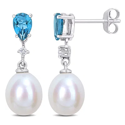 Mimi & Max 8-8.5mm Cultured Freshwater Pearl 1ct Tgw Pear-cut London Blue Topaz And Diamond Accent Drop Earring In Multi