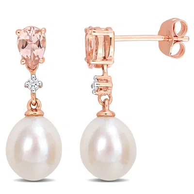 Mimi & Max 8-8.5mm Cultured Freshwater Pearl 4/5ct Tgw Morganite And Diamond Accent Drop Stud Earrings In 14k R In Multi