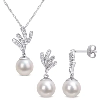 Mimi & Max 8-8.5mm Cultured Freshwater Pearl And 1/10ct Tdw Diamond Pendant And Earring Set In 10k White Gold