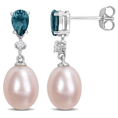 Mimi & Max 8-8.5mm Cultured Freshwater Pink Pearl 1ct Tgw Pear-cut Blue Topaz And Diamond Accent Drop Earrings  In Multi