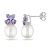 Mimi & Max 8-8.5 Mm White Cultured Freshwater Pearl, Diamond, Tanzanite And Amethyst Stud Earrings In Sterling In Purple
