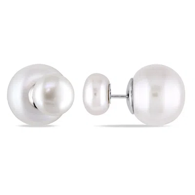 Mimi & Max 8-8.5mm And 12.5-13mm White Cultured Freshwater Pearl Tribal Earrings In Sterling Silver