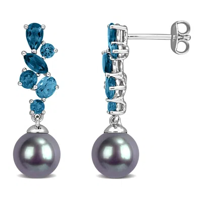 Mimi & Max 8-8.5mm Cultured Freshwater Pearl 1 2/5ct Tgw Citrine Drop Earrings In Yellow Silver In Blue