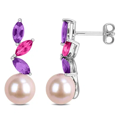 Mimi & Max 8-8.5mm Cultured Freshwater Pearl 1 2/5ct Tgw Citrine Drop Earrings In Yellow Silver In Metallic