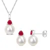 Mimi & Max 8-8.5mm Cultured Freshwater Pearl 4/5ct Tgw Created Ruby Jewelry Set 10k White Gold In Red