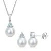 Mimi & Max 8-8.5mm Cultured Freshwater Pearl 5/8ct Tgw Aquamarine Jewelry Set 10k White Gold In White