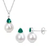 Mimi & Max 8-8.5mm Cultured Freshwater Pearl 5/8ct Tgw Created Emerald Jewelry Set 10k White Gold In Green