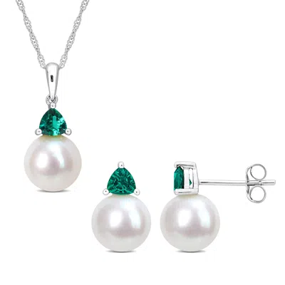 Mimi & Max 8-8.5mm Cultured Freshwater Pearl 5/8ct Tgw Created Emerald Jewelry Set 10k White Gold In Green