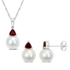 Mimi & Max 8-8.5mm Cultured Freshwater Pearl 7/8ct Tgw Garnet Jewelry Set 10k White Gold In Red