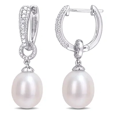 Mimi & Max 8-8.5mm Cultured Freshwater Pearl And Diamond Accent Drop Hoop Earrings In Sterling Silver