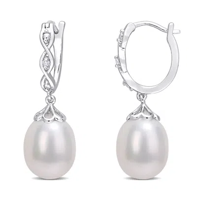 Mimi & Max 8-8.5mm Cultured Freshwater Pearl And Diamond Accent Earrings In Sterling Silver