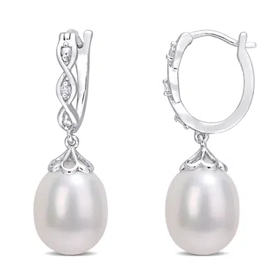 Mimi & Max 8-8.5mm Cultured Freshwater Pearl And Diamond Accent Earrings In Sterling Silver In White