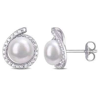 Mimi & Max 8-8.5mm Cultured Freshwater Pearl And Diamond Accent Halo Stud Earrings In Sterling Silver