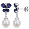 Mimi & Max 8-8.5mm Cultured Freshwater Pearl Created Blue & White Sapphire Butterfly Earrings In Sterling Silve In Blue