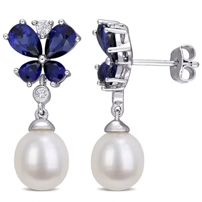 Mimi & Max 8-8.5mm Cultured Freshwater Pearl Created Blue & White Sapphire Butterfly Earrings In Sterling Silve
