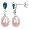 Mimi & Max 8-8.5mm Cultured Freshwater Pink Pearl 1ct Tgw Pear-cut Blue Topaz And Diamond Accent Drop Earrings 