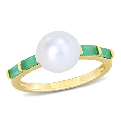Mimi & Max 8-8.5mm Freshwater Cultured Pearl 1/2ct Tgw Baguette Emerald Ring 10k Yellow Gold In Multi