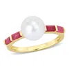 Mimi & Max 8-8.5mm Freshwater Cultured Pearl 3/4ct Tgw Baguette Ruby Ring 10k Yellow Gold In Silver