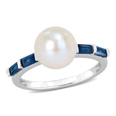 Mimi & Max 8-8.5mm Freshwater Cultured Pearl 3/4ct Tgw Baguette Sapphire Ring 10k White Gold In Silver