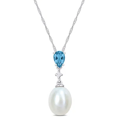 Mimi & Max 8-8.5mm Rice-shape Cultured Freshwater Pearl 1/2ct Tgw London-blue Topaz And Diamond Accent Necklace In Multi