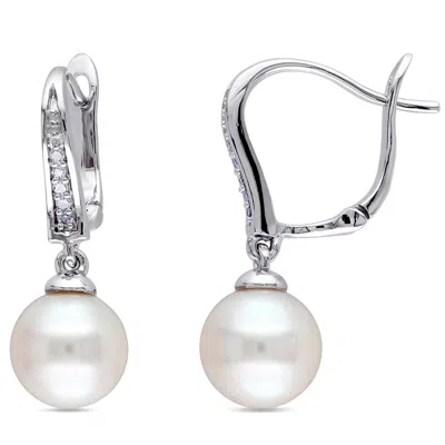 Mimi & Max 8-8.5mm White Cultured Freshwater Pearl And Diamond Drop Leverback Earrings In Sterling Silver