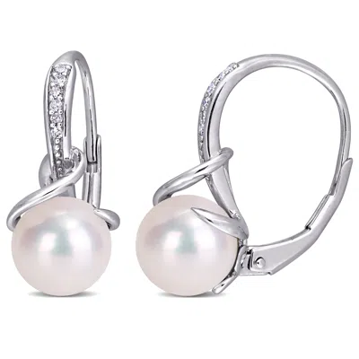 Mimi & Max 8-8.5mm White Cultured Freshwater Pearl And Diamond Twist Leverback Earrings In Sterling Silver