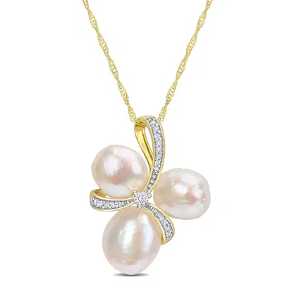 Mimi & Max 8-9.5mm Cultured Freshwater Pearl And 1/10ct Tdw Diamond Bow Pendant With Chain In 14k Yellow Gold In Multi
